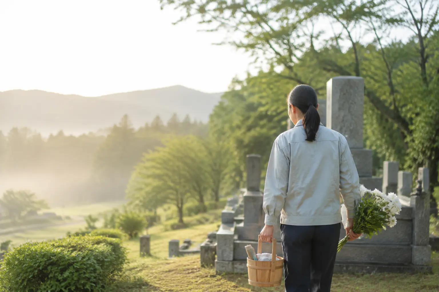 緑に囲まれた墓地へお手入れに伺う担当者